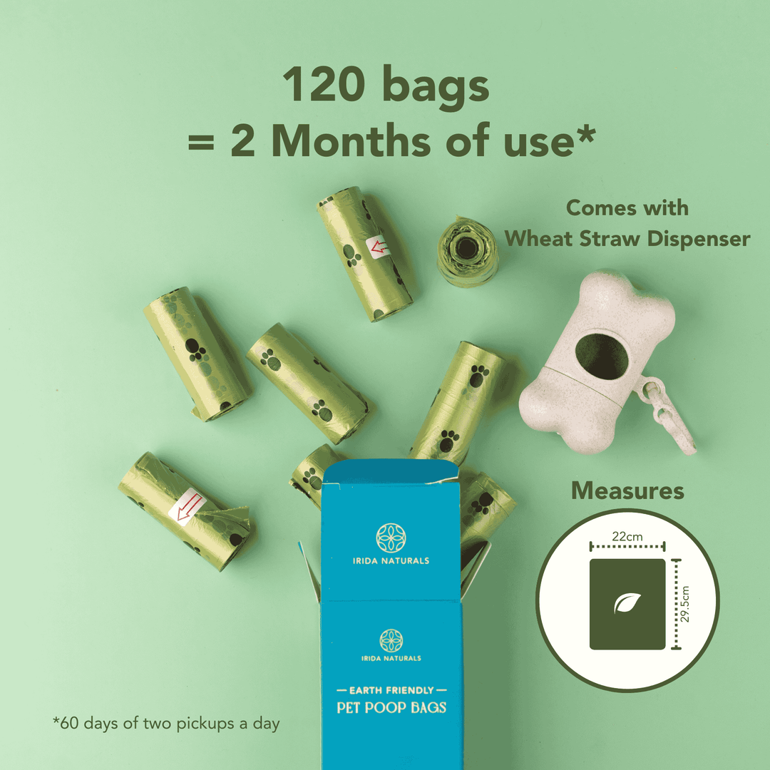 Irida Naturals Biodegradable Pet Poop Bags with Wheat Straw Dispenser - 120 Bags