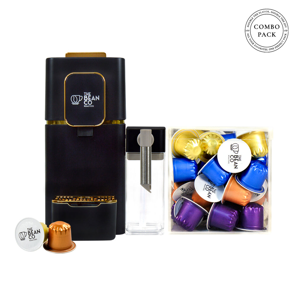 The Bean Co Roasters Coffee Capsule Machine with Integrated Milk Tank | 40 Nespresso®-Compatible Coffee Capsules | Combo Pack