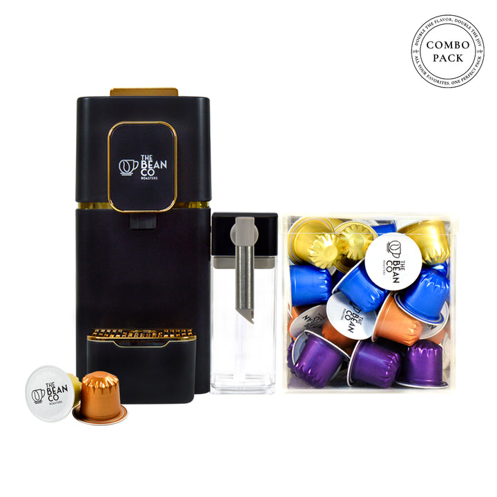 The Bean Co Roasters Coffee Capsule Machine with Integrated Milk Tank | 40 Nespresso®-Compatible Coffee Capsules | Combo Pack