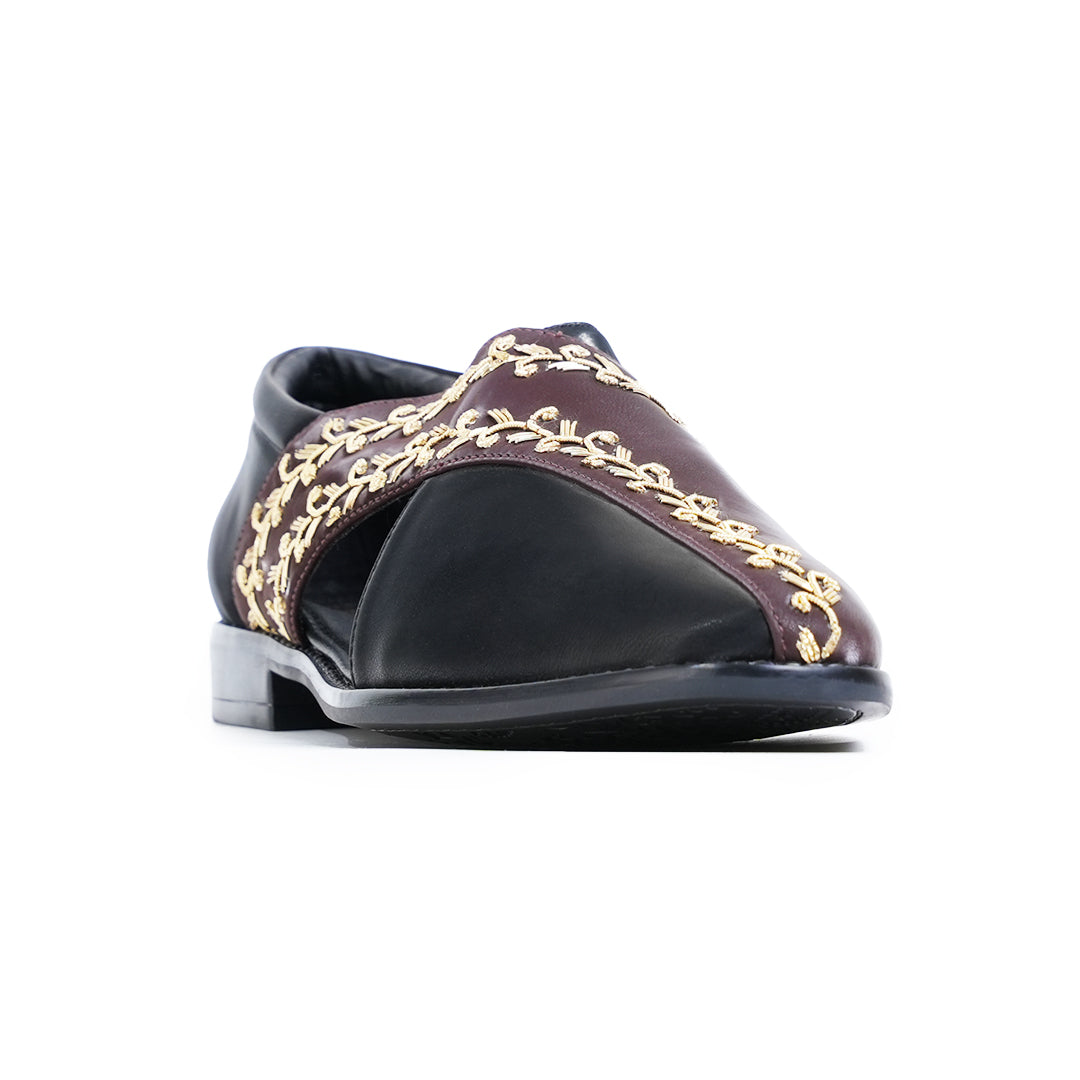 Monkstory Two Tone Embroidered Nawabi Sandals - Black/Brown