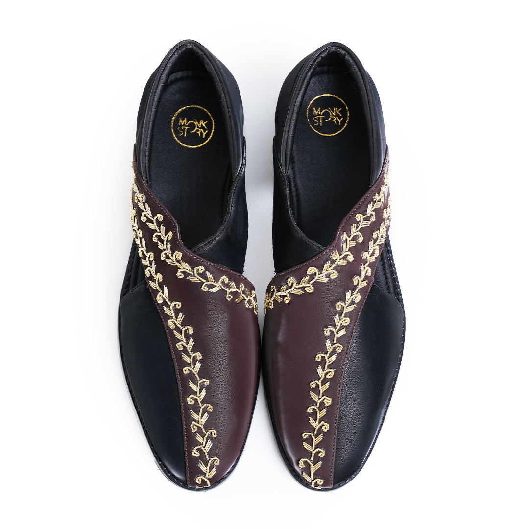 Monkstory Two Tone Embroidered Nawabi Sandals - Black/Brown