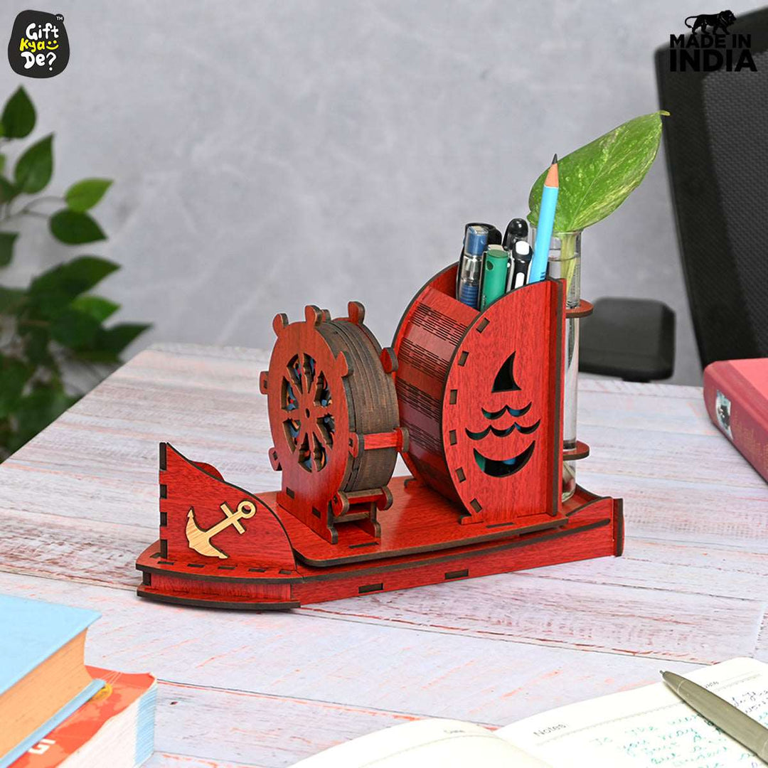 Gift Kya De Boat Shape Coaster Stand With Set of 6 Coaster & Cute Test Tube Planter