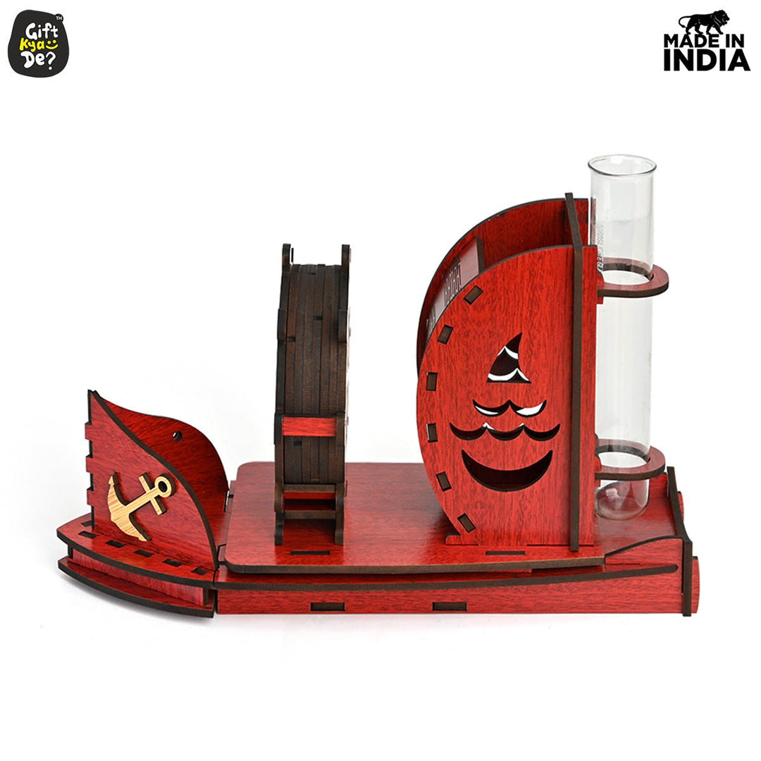 Gift Kya De Boat Shape Coaster Stand With Set of 6 Coaster & Cute Test Tube Planter
