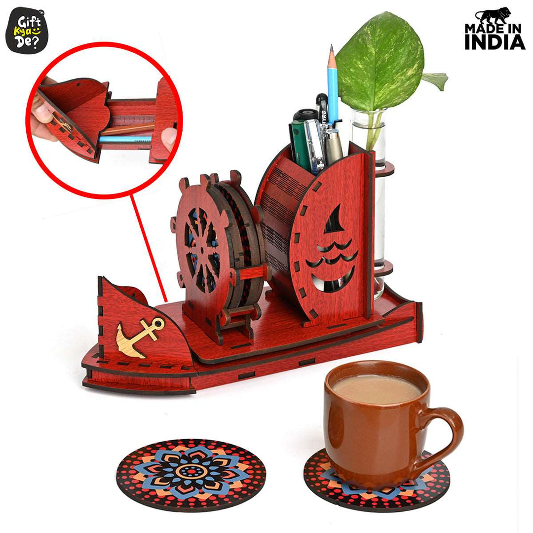 Gift Kya De Boat Shape Coaster Stand With Set of 6 Coaster & Cute Test Tube Planter