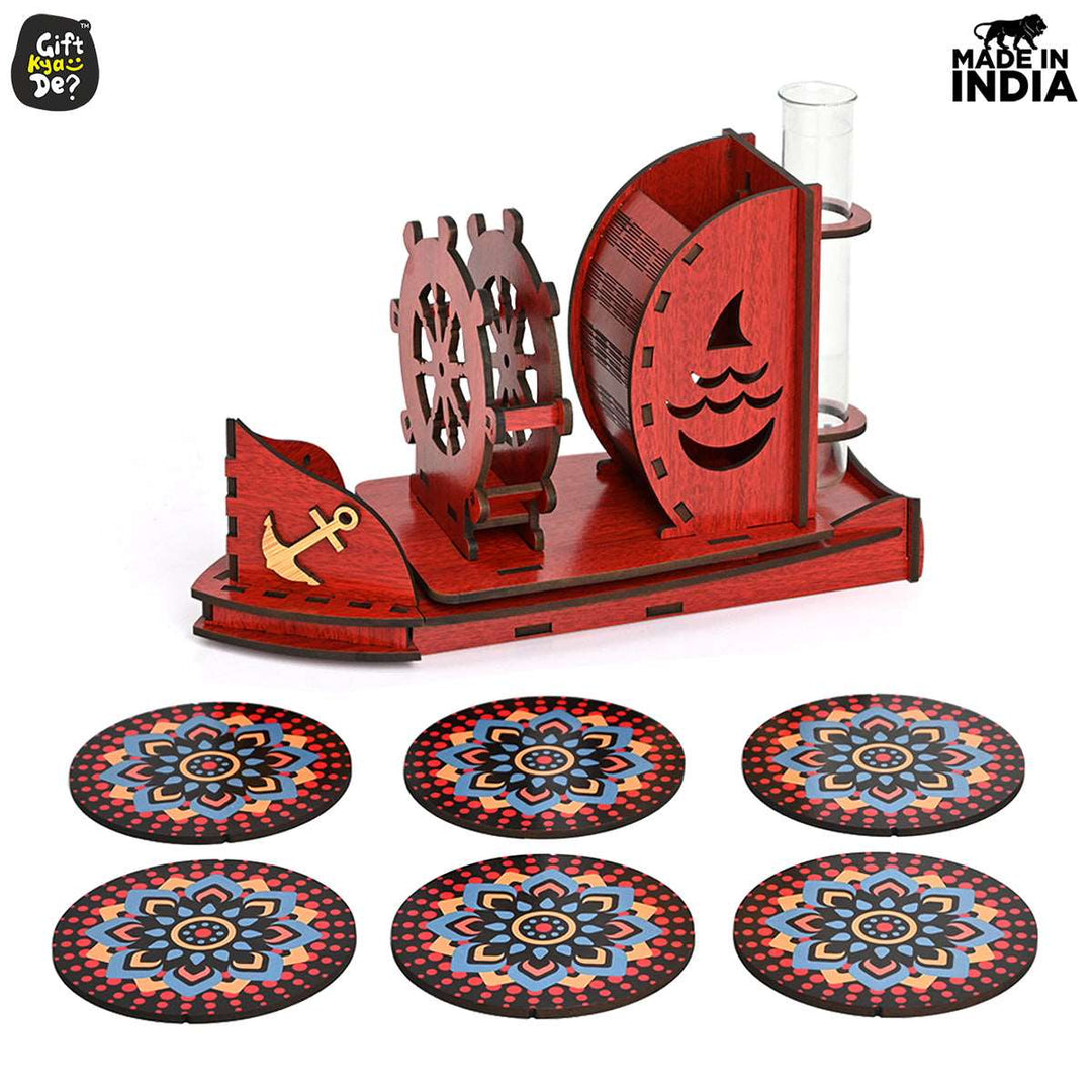 Gift Kya De Boat Shape Coaster Stand With Set of 6 Coaster & Cute Test Tube Planter