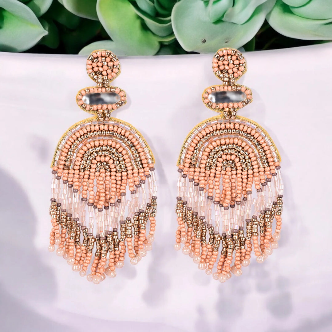 Bamboology Trends Boho Chic Beaded Dangle Earrings - Peach and Gold Statement Jewellery