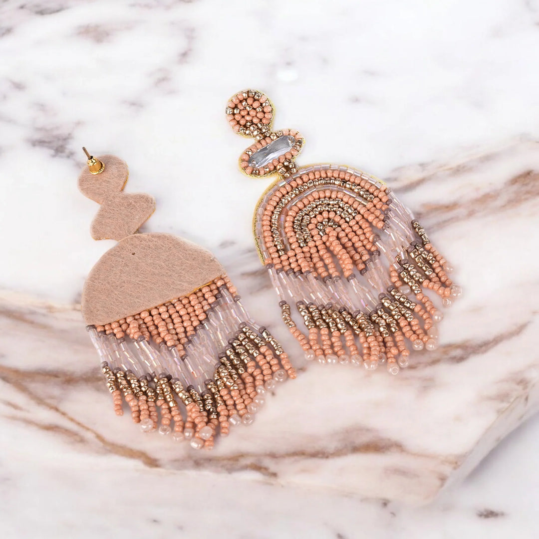 Bamboology Trends Boho Chic Beaded Dangle Earrings - Peach and Gold Statement Jewellery
