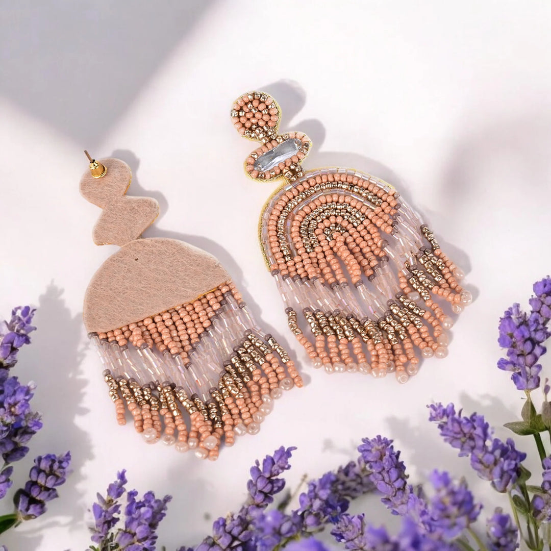 Bamboology Trends Boho Chic Beaded Dangle Earrings - Peach and Gold Statement Jewellery
