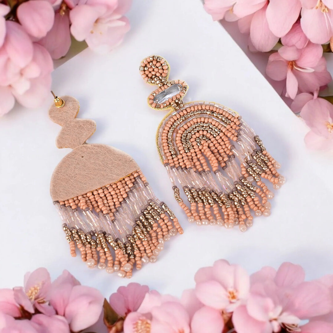 Bamboology Trends Boho Chic Beaded Dangle Earrings - Peach and Gold Statement Jewellery