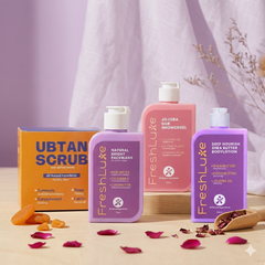 FreshLuxe Brightening Combo | AYUSH-Approved Skincare with Rice Water & Lactic Acid Combo Pack of Scrub, Facewash, Shower Gel & Body Lotion 200ml each.