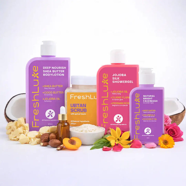 FreshLuxe Brightening Combo | AYUSH-Approved Skincare with Rice Water & Lactic Acid Combo Pack of Scrub, Facewash, Shower Gel & Body Lotion 200ml each.