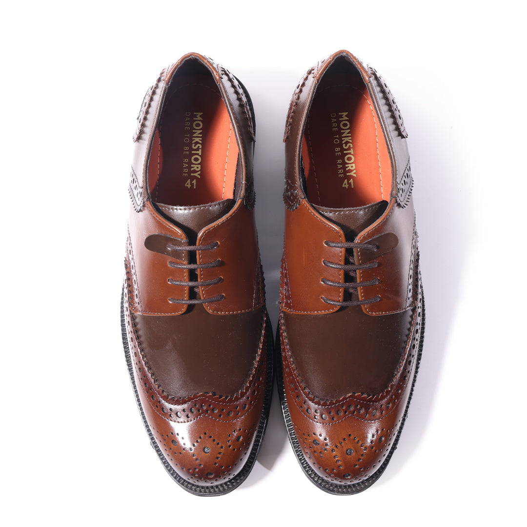 Monkstory Atelier 1900 Wingtip Bicolor Brogue Lace-Ups – Brown & Tan
