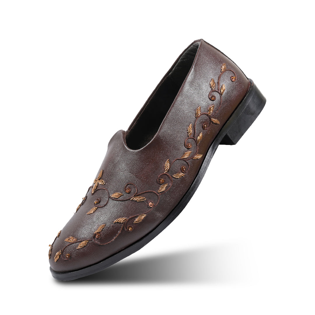 Monkstory Regal Floral Zardosi Mojari – Brown