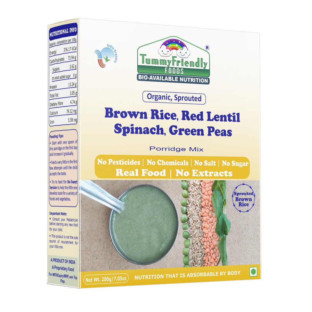 TummyFriendly Foods Organic Sprouted Porridge Mix | Brown Rice, Red Lentil, Spinach, Green Peas | No Additives | 200g