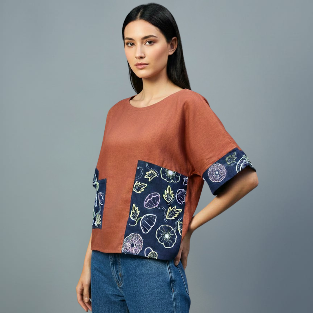 Dark Peach Slub Cotton & Anti-Fit Top | Hand Embroidered Floral Patchwork | Slow Fashion Sustainable Women&