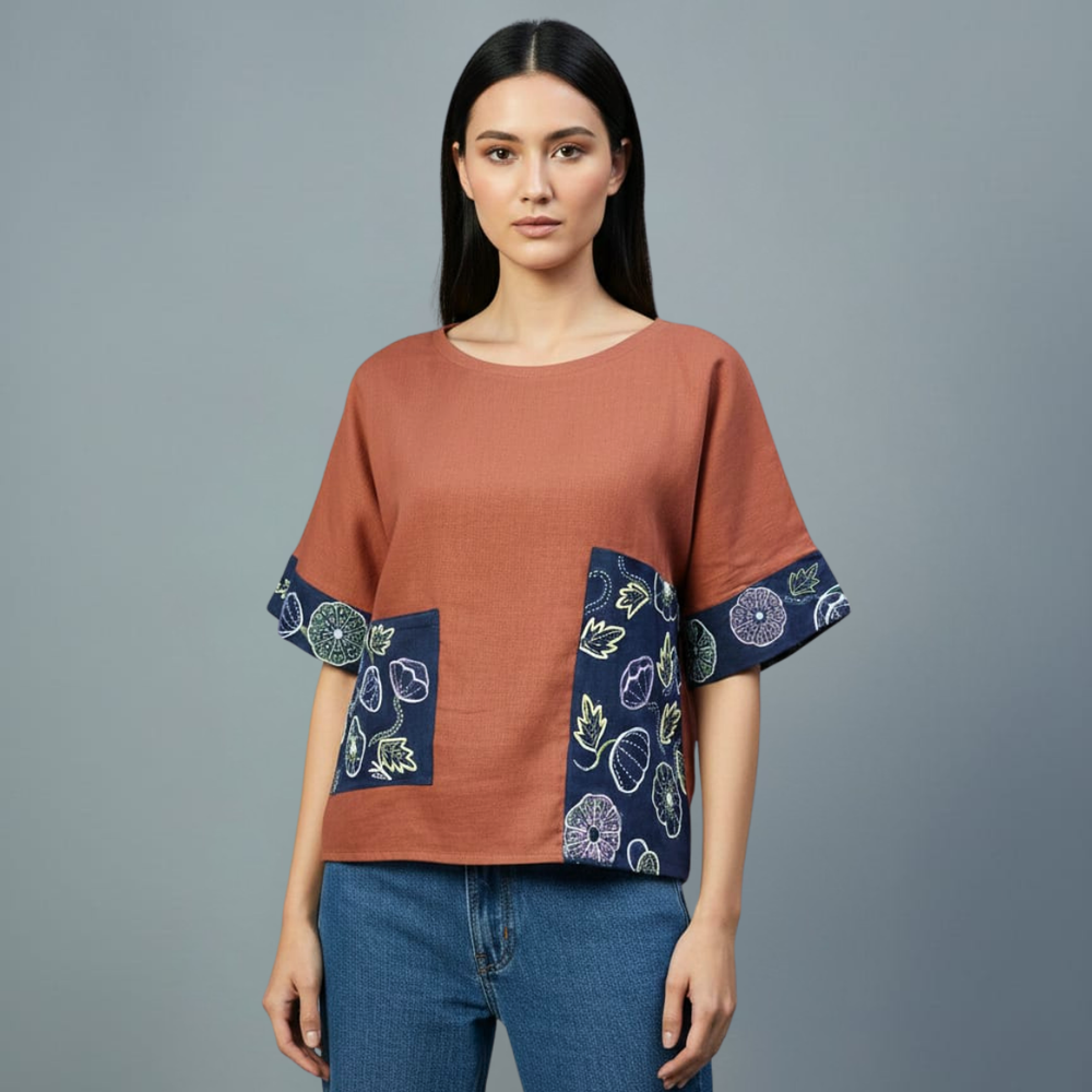 Dark Peach Slub Cotton & Anti-Fit Top | Hand Embroidered Floral Patchwork | Slow Fashion Sustainable Women's Wear