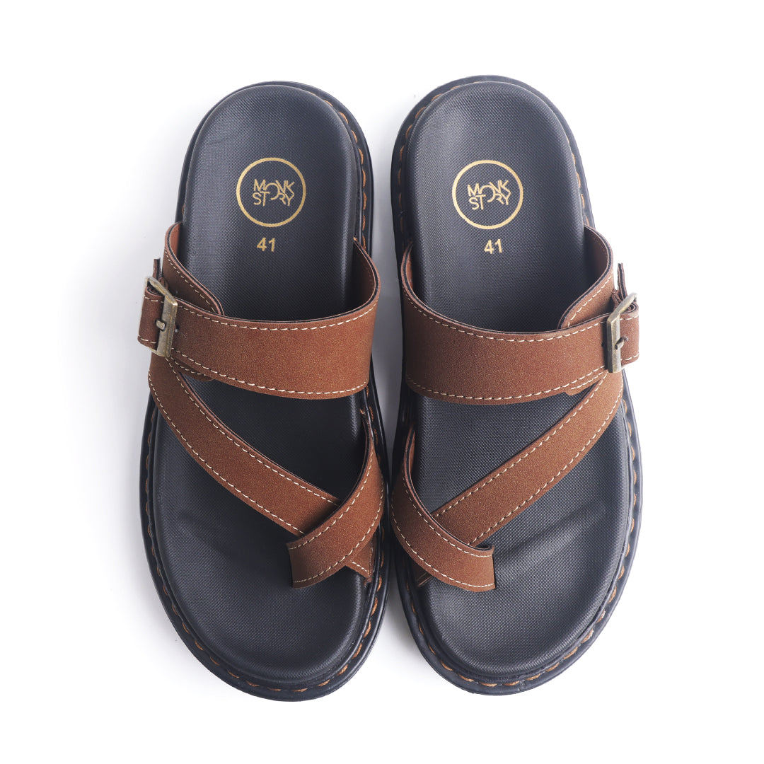 Monkstory Cosmopolitan Cross Strap Toe Ring Chunky Sandals – Dark Tan