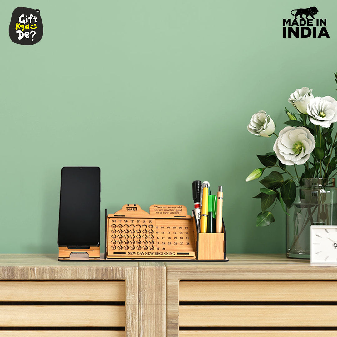 Gift Kya De Lifetime Calendar With Desk Organizer and Mobile Stand | Desk Calendar | Mobile Accessories
