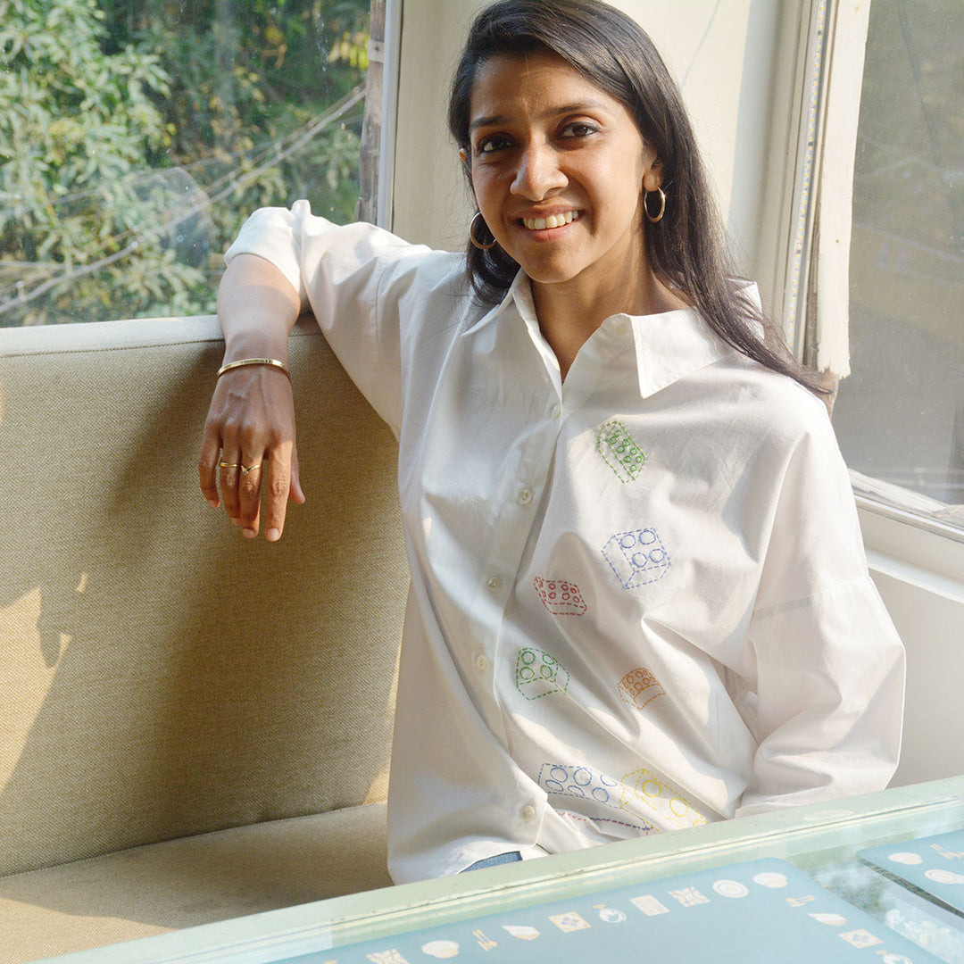 Building Blocks Embroidered  Women Shirt - White