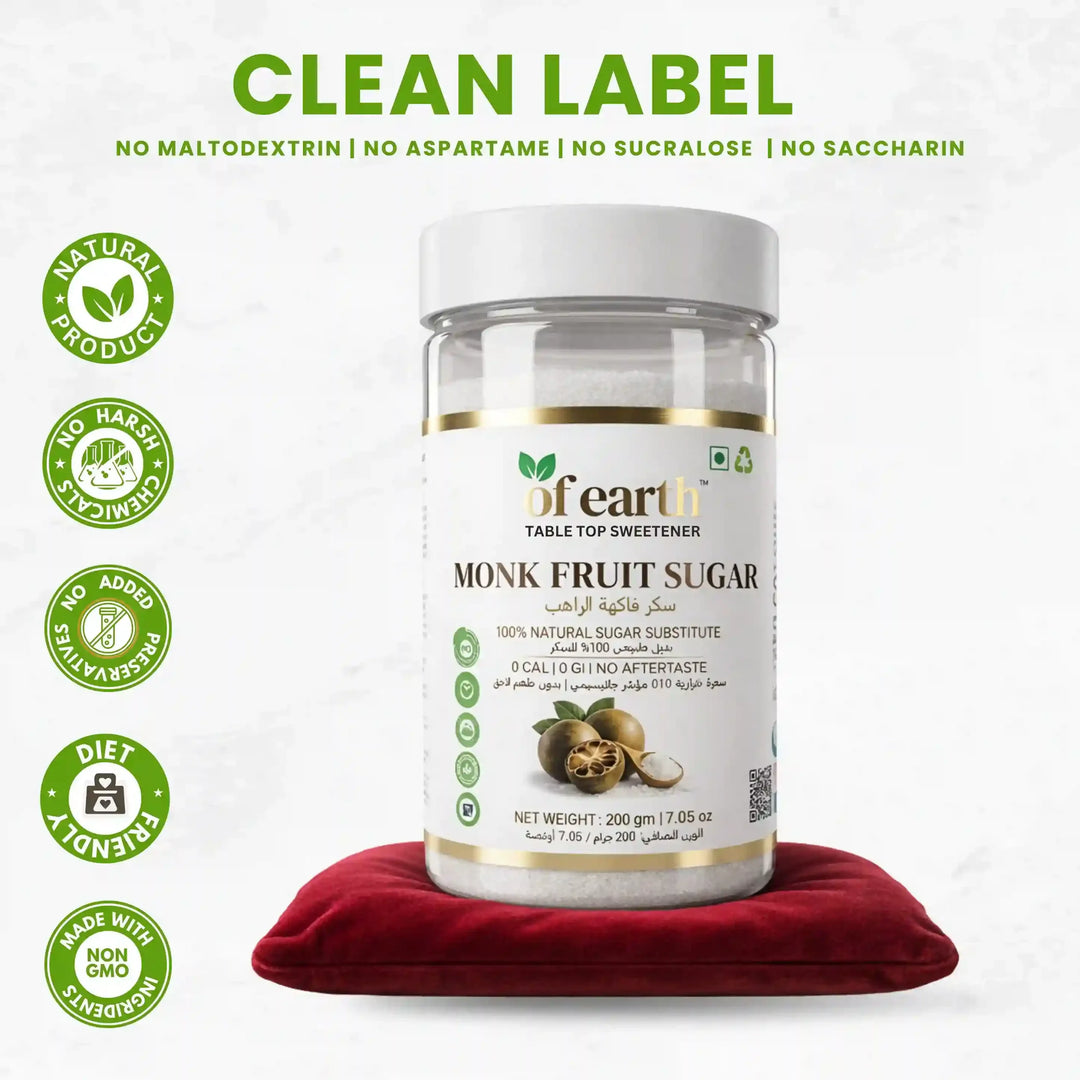 Of Earth Monk Fruit Sweetener With Erythritol | Zero-Glycemic Index, Low Calorie Sugar Substitute | 1:1 Sugar Replacer for Tea, Coffee, Drinks, Cooking & Baking | Plant Based | Keto, Vegan & Diabetic Friendly | 200g