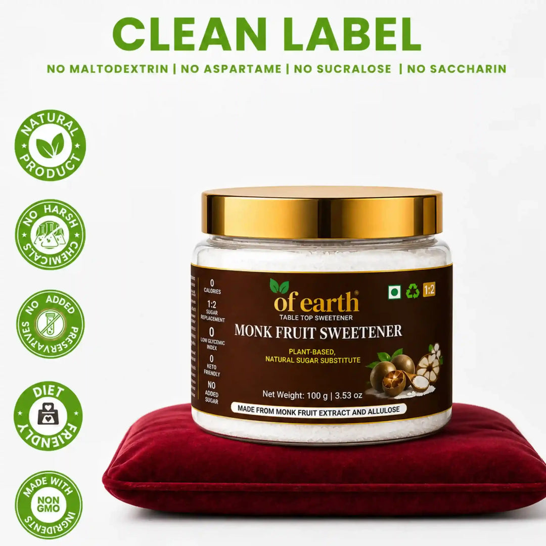 Of Earth Monk Fruit Sweetener With Allulose | Zero-Glycemic Index, Low Calorie Sugar Substitute | EASY 1:2 Sugar Replacement for Tea, Coffee, Cooking & Baking | Plant-Based | Keto, Vegan & Diabetic Friendly | 100g
