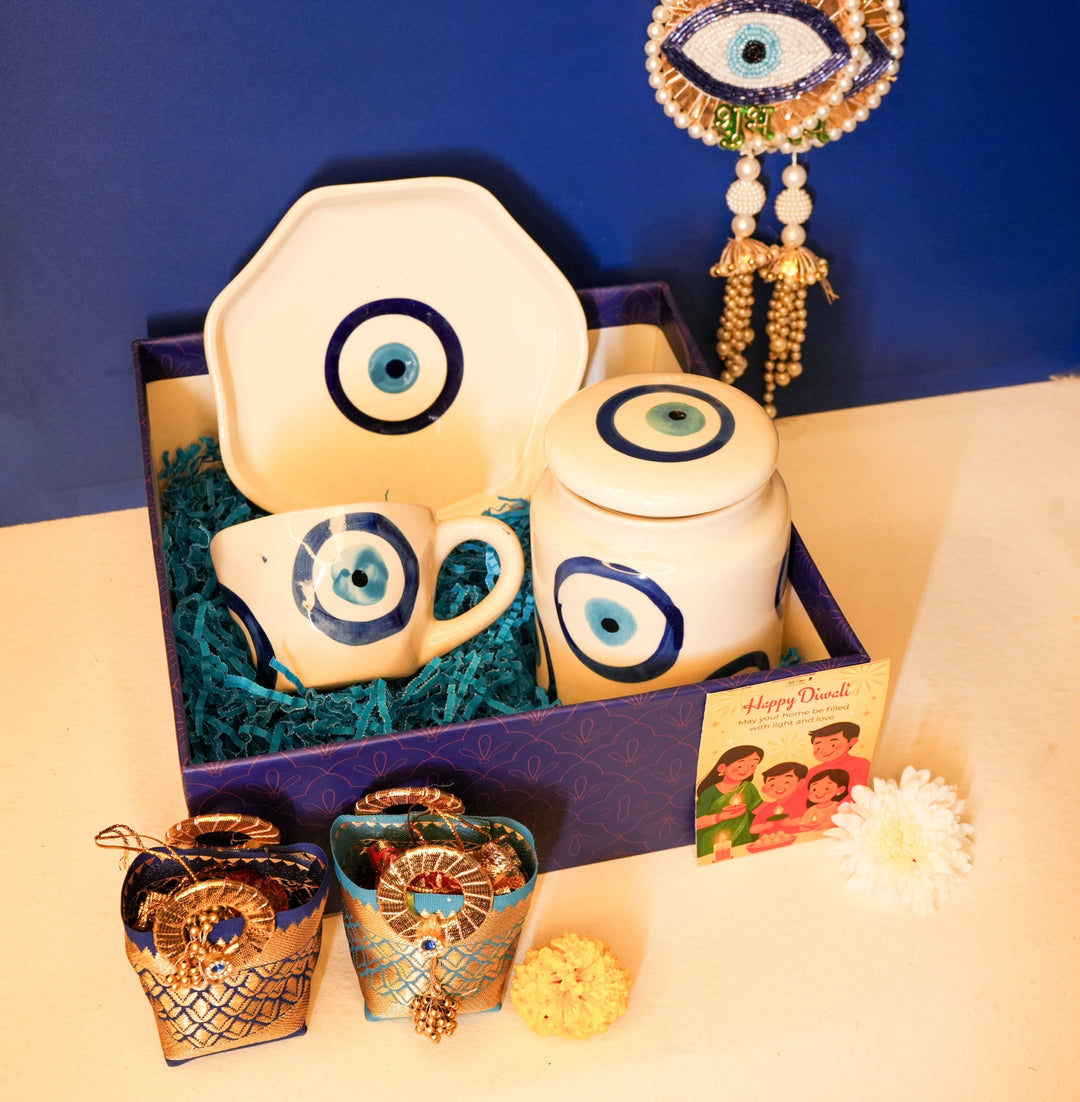 Nazar Suraksha Diwali Gift Box | Evil Eye Festive Hamper with Breakfast Set & Decor – ArteCasa