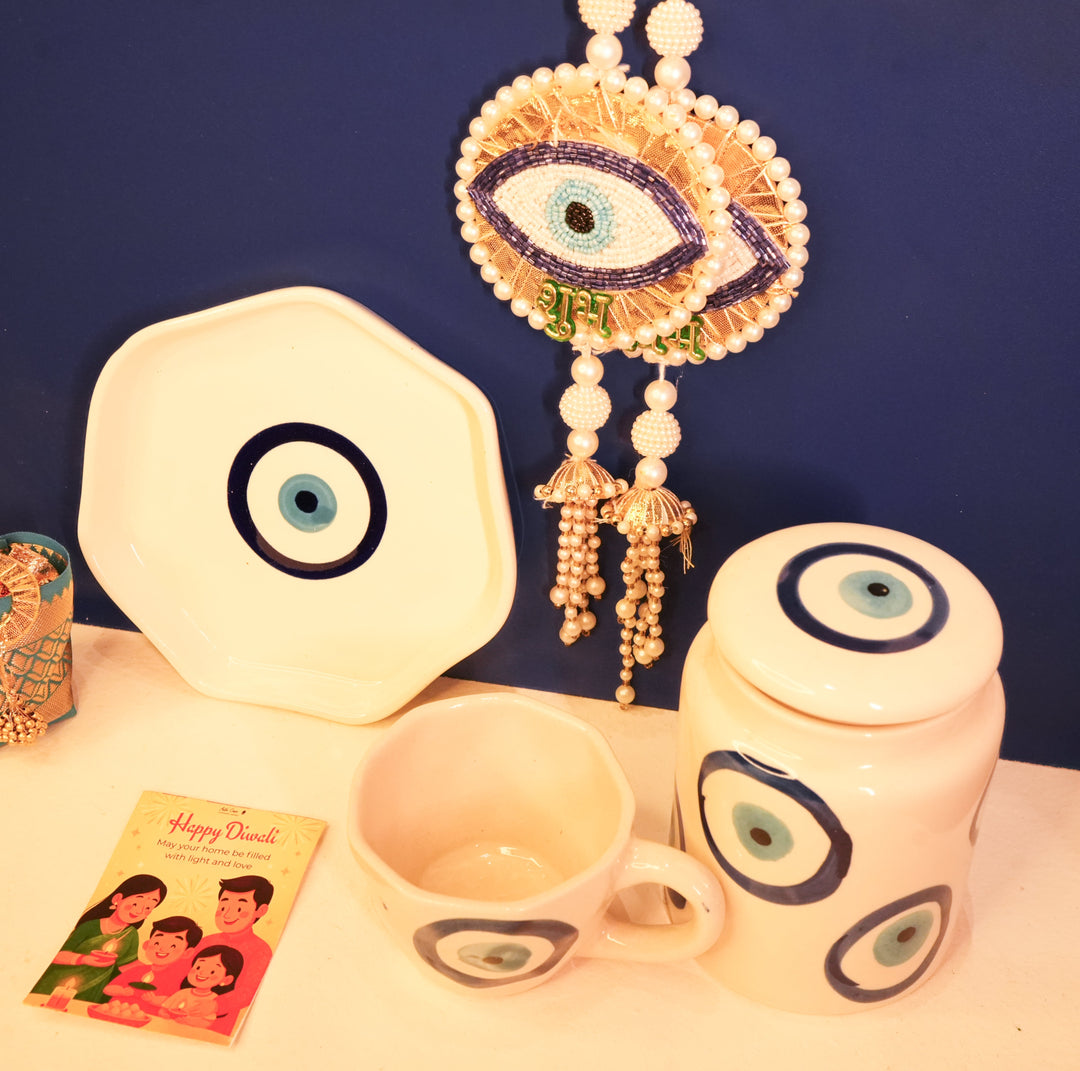 Nazar Suraksha Diwali Gift Box | Evil Eye Festive Hamper with Breakfast Set & Decor – ArteCasa