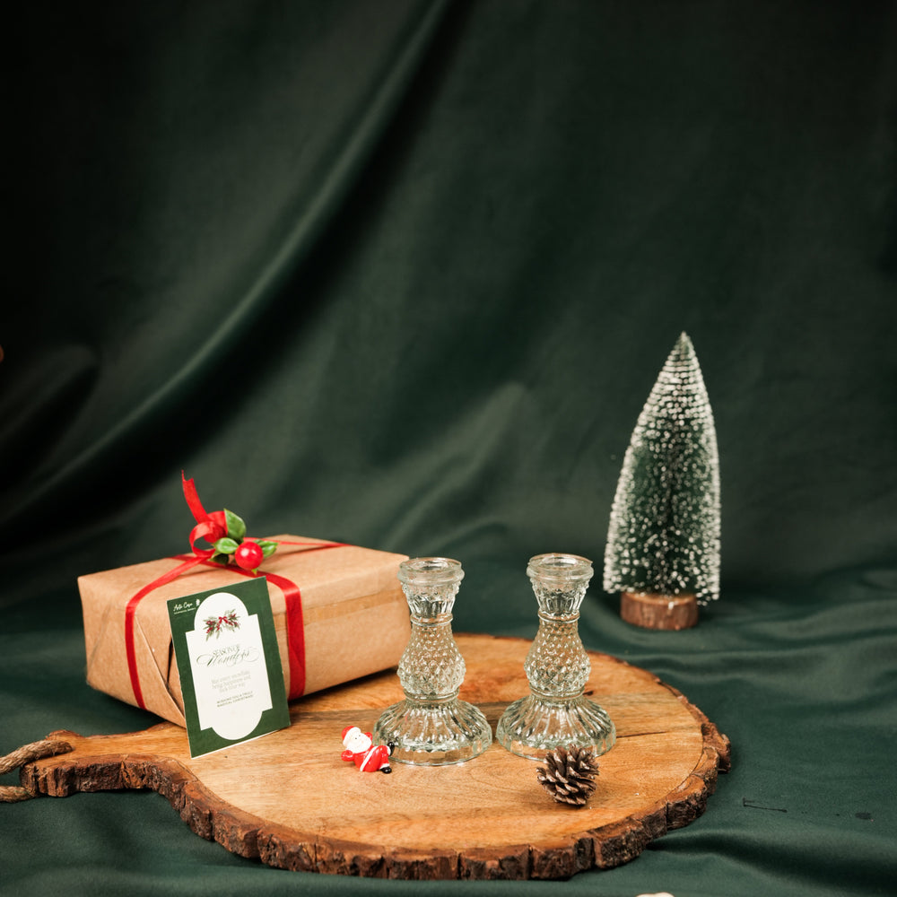 Glass Glow Candle Stand Set – Glass Taper Candle Holders with Red Taper Candles (Set of 2) |