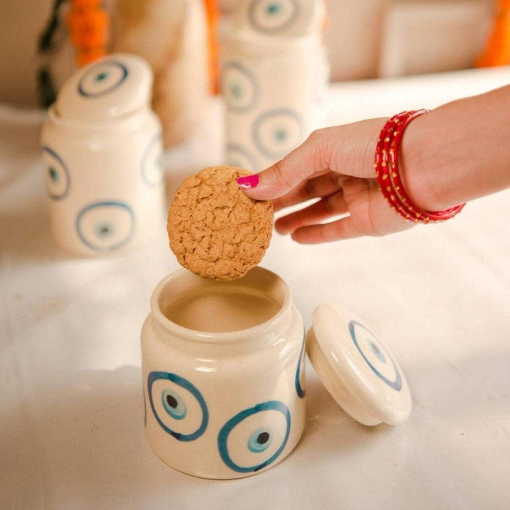 Evil Eye Ceramic Jar Set of 3 | Decorative Storage Jars