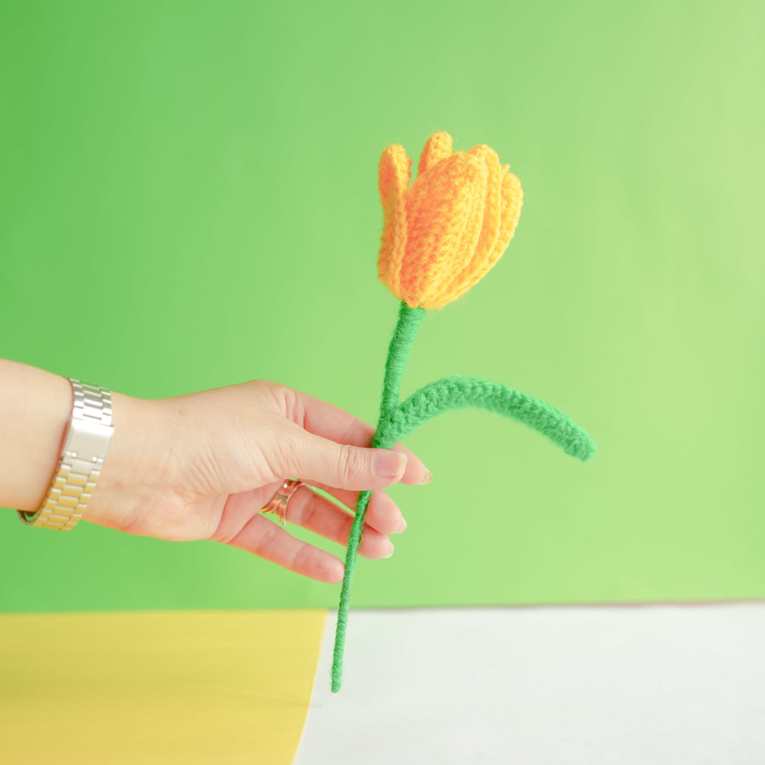 onion vase with yellow crochet tulip