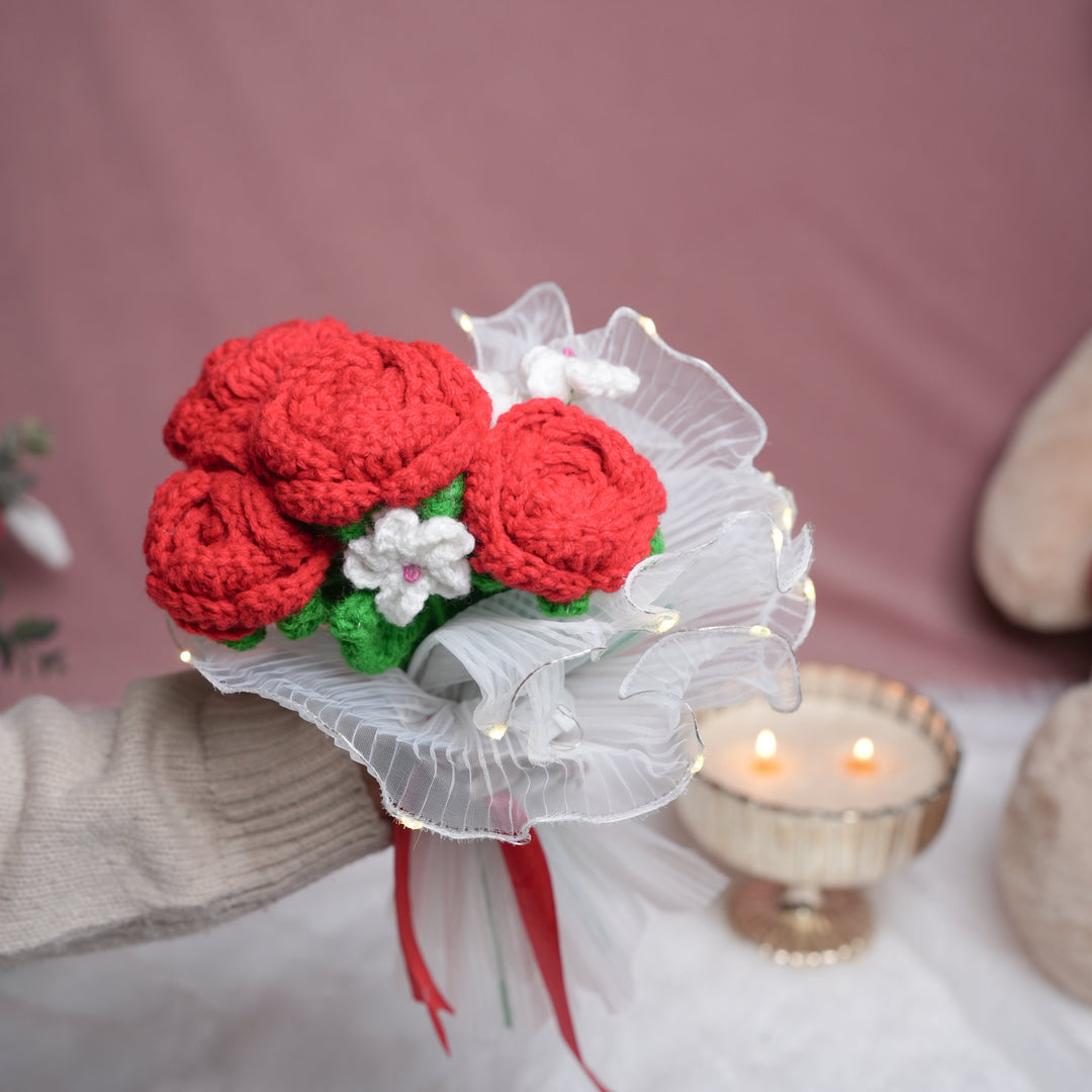 Radiant Red Rose Bloom – Handcrafted Crochet  with LED Glow | ArteCasa