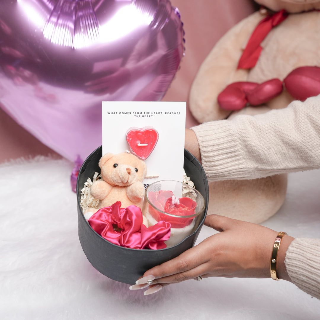 love in a box valentine gift set with heart candle teddy keychain