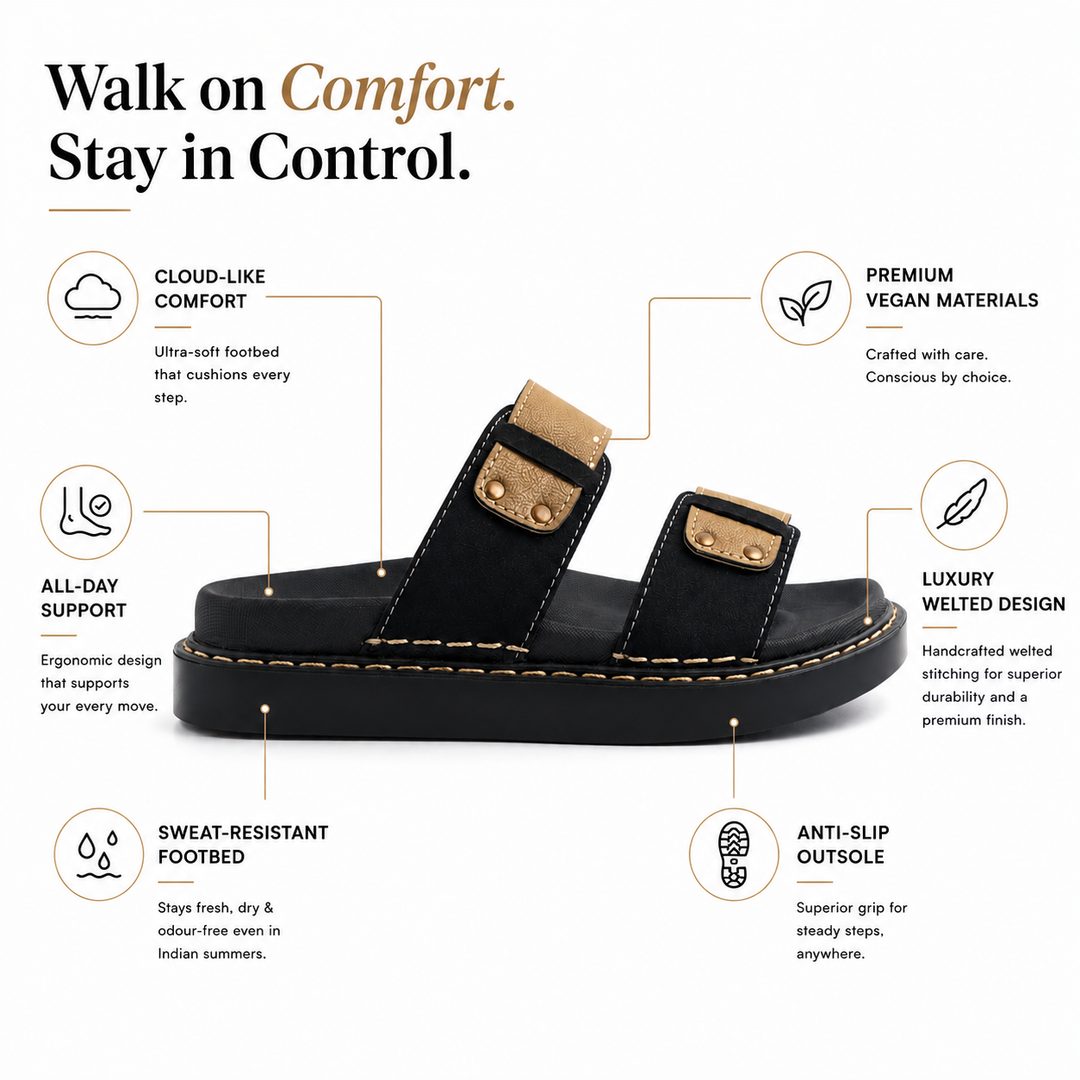 Monkstory Cosmopolitan Double Strap Chunky Slides – Black & Sage
