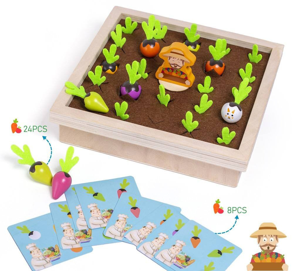 Wudly Wooden Vegetable Garden Memory Game, Educational Board Game with Farmer Figure