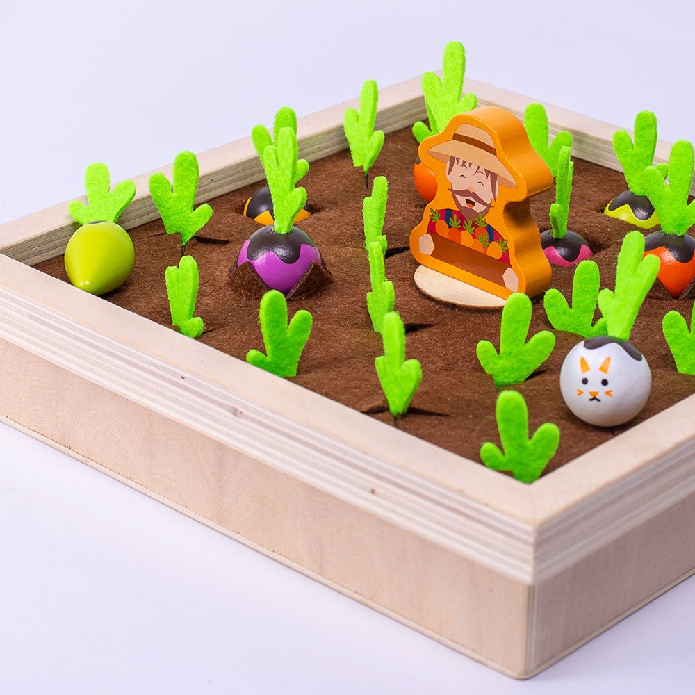 Wudly Wooden Vegetable Garden Memory Game, Educational Board Game with Farmer Figure