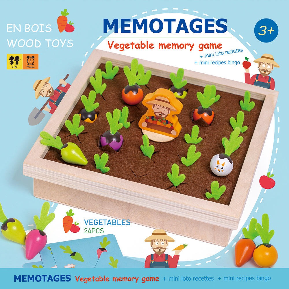 Wudly Wooden Vegetable Garden Memory Game, Educational Board Game with Farmer Figure