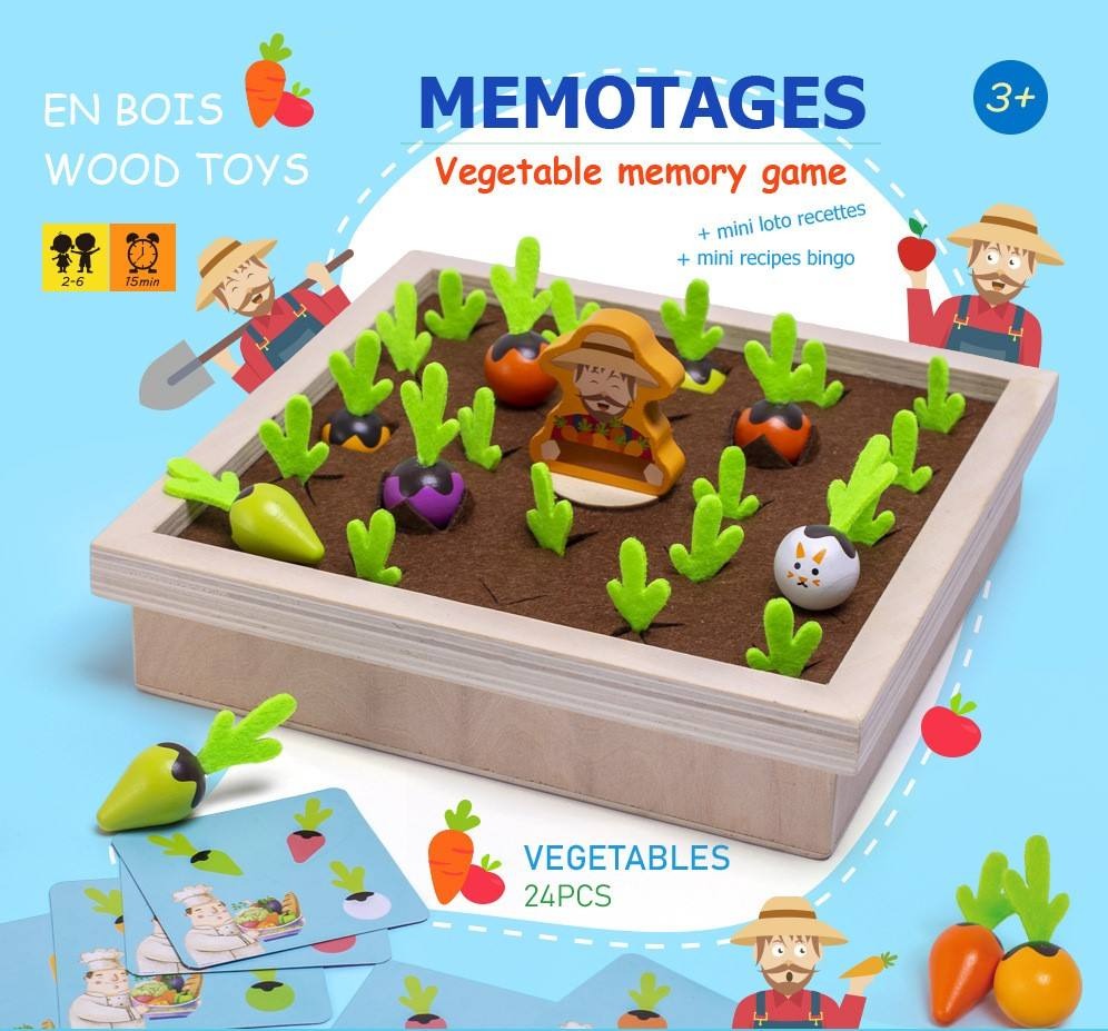 Wudly Wooden Vegetable Garden Memory Game, Educational Board Game with Farmer Figure