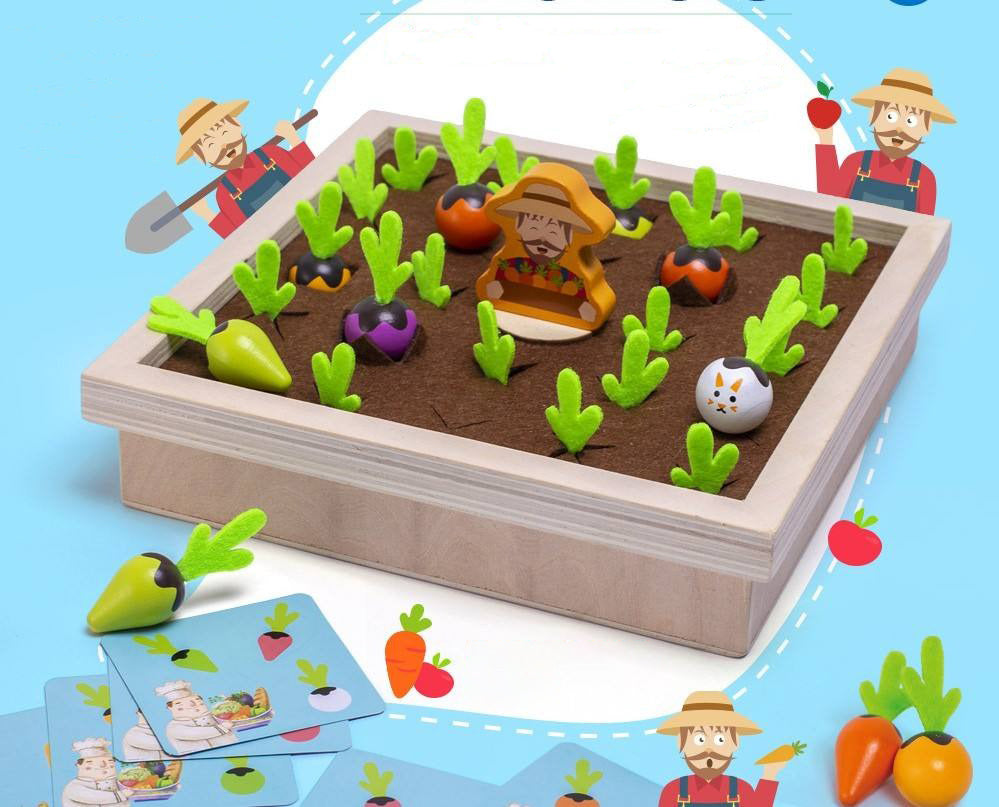 Wudly Wooden Vegetable Garden Memory Game, Educational Board Game with Farmer Figure