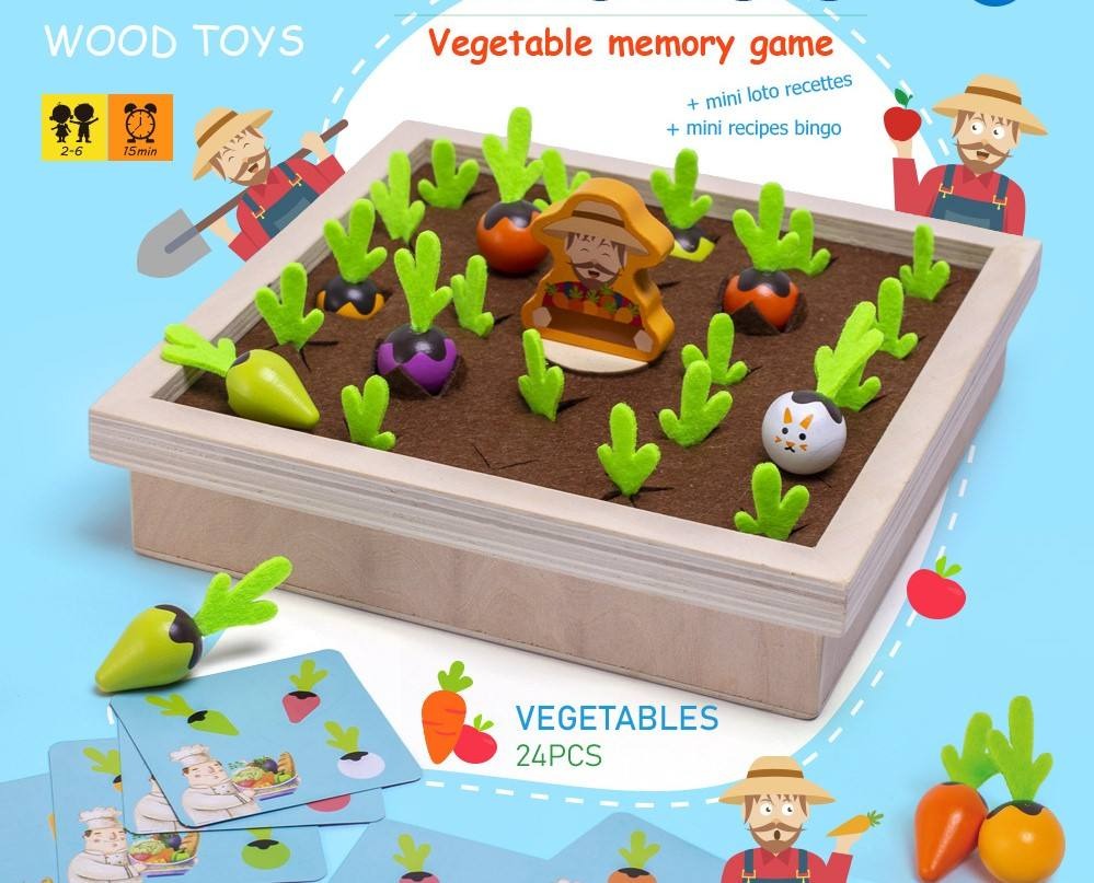 Wudly Wooden Vegetable Garden Memory Game, Educational Board Game with Farmer Figure