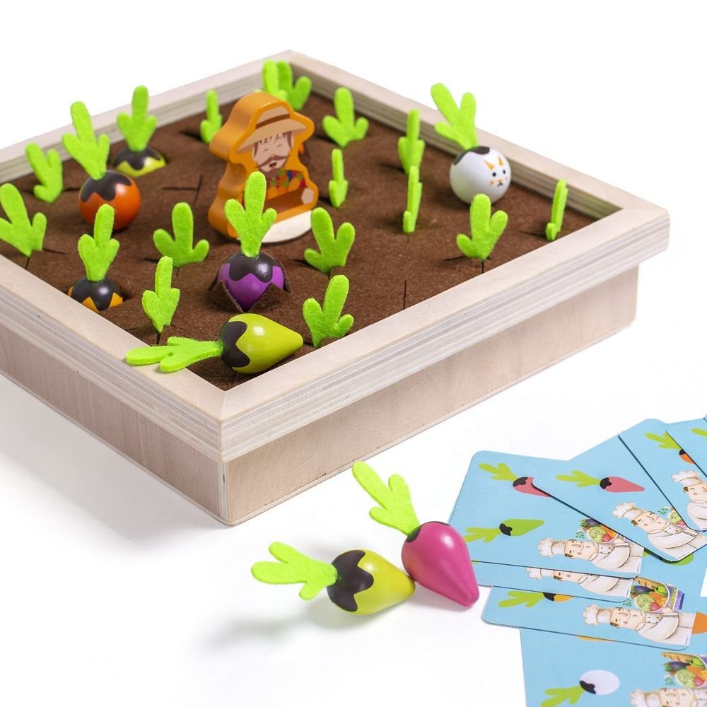 Wudly Wooden Vegetable Garden Memory Game, Educational Board Game with Farmer Figure