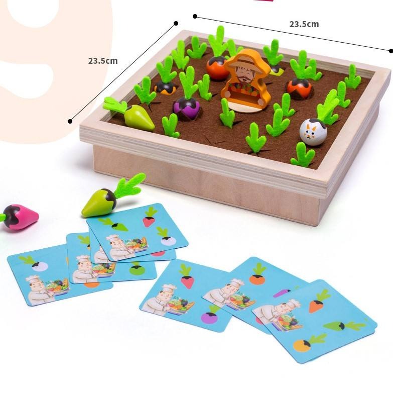 Wudly Wooden Vegetable Garden Memory Game, Educational Board Game with Farmer Figure