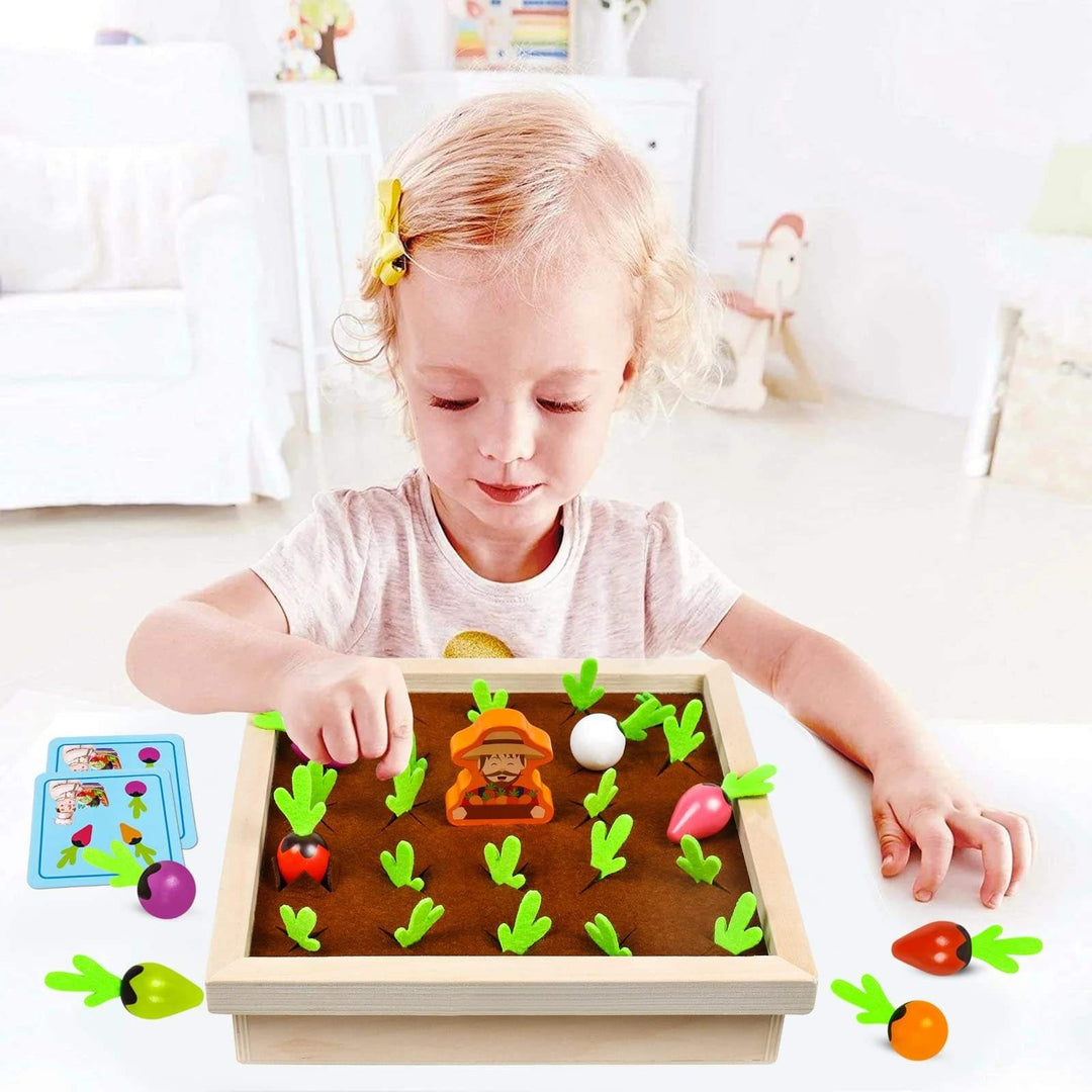 Wudly Wooden Vegetable Garden Memory Game, Educational Board Game with Farmer Figure