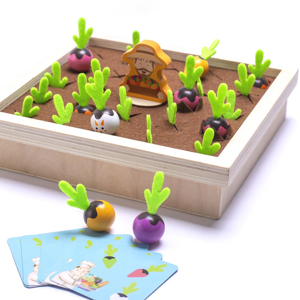Wudly Wooden Vegetable Garden Memory Game, Educational Board Game with Farmer Figure