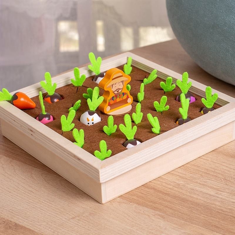 Wudly Wooden Vegetable Garden Memory Game, Educational Board Game with Farmer Figure