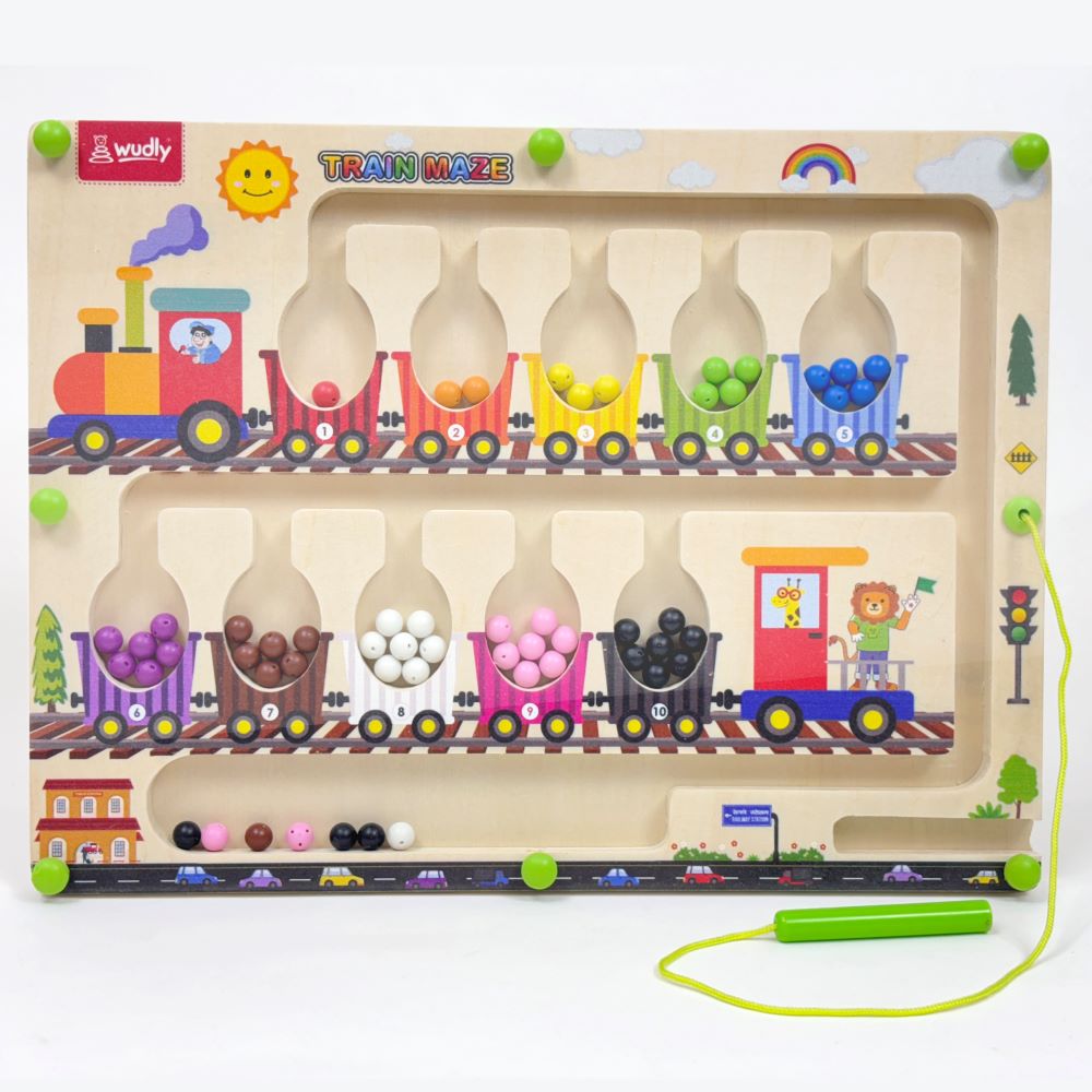 Wudly Magnetic Train Maze Board, Wooden Educational Toy, Ages 3-5, Colour Sorting Puzzle with Magnetic Wand