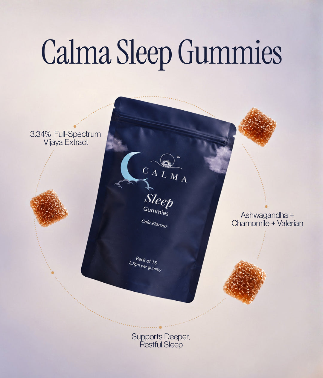 Calma Sleep Gummies | Doctor-Prescribed Vijaya Extract, Ashwagandha, Valerian Root & Brahmi for Deep Sleep & Insomnia Relief | Non-Habit Forming | 90mg | Cola Flavour