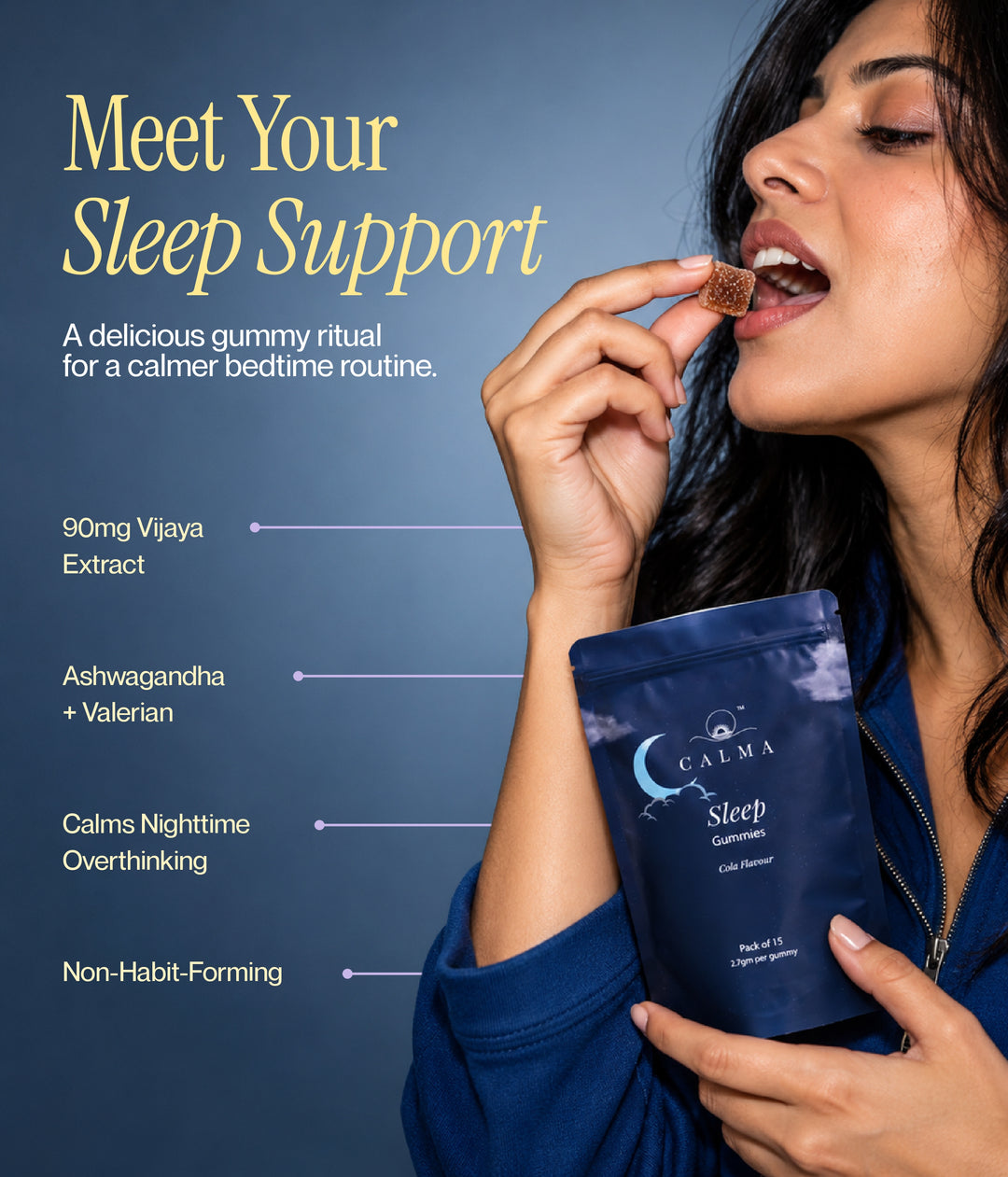 Calma Sleep Gummies | Doctor-Prescribed Vijaya Extract, Ashwagandha, Valerian Root & Brahmi for Deep Sleep & Insomnia Relief | Non-Habit Forming | 90mg | Cola Flavour