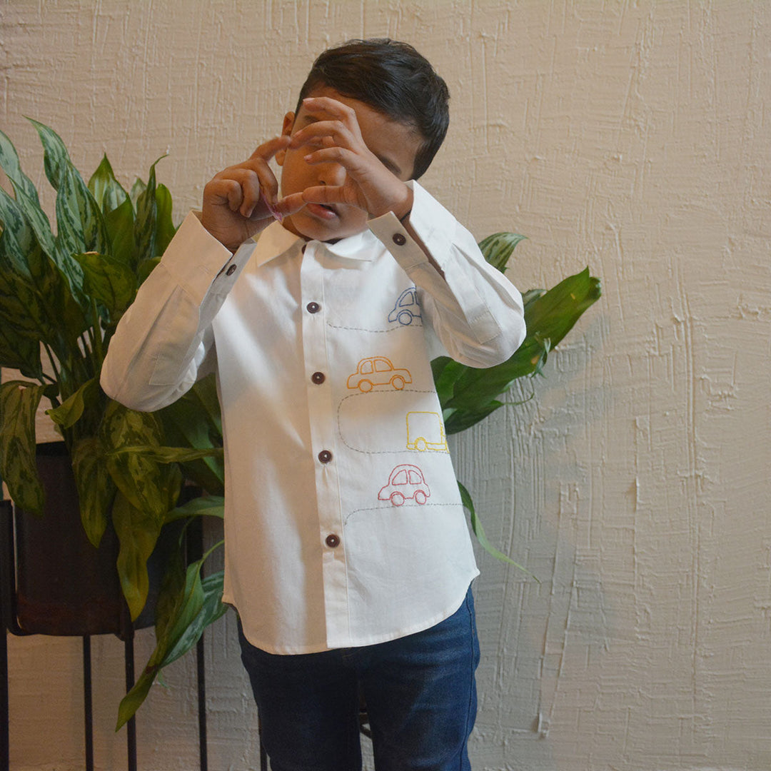 Cars on Road Embroidered Shirt - White