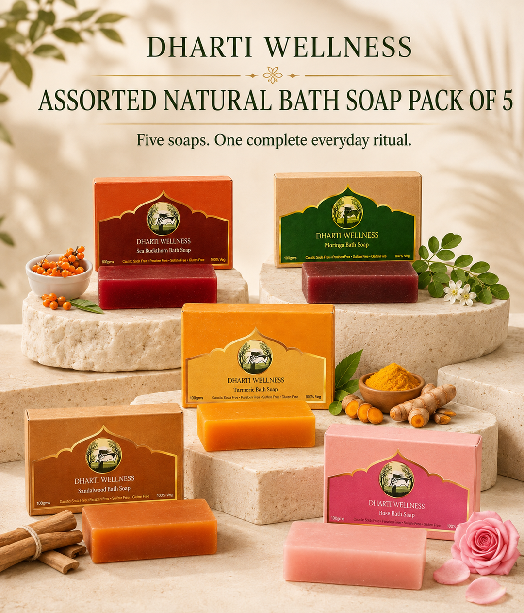 Dharti Wellness Assorted Natural Bath Soap Pack of 5 | Complete Skin Care Combo