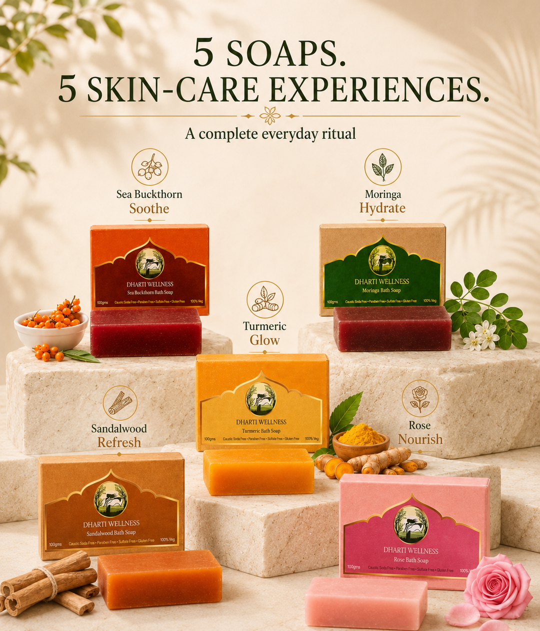 Dharti Wellness Assorted Natural Bath Soap Pack of 5 | Complete Skin Care Combo